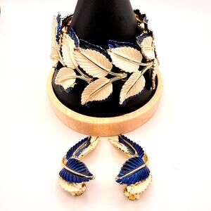 Vintage Signed Charel Blue Cream Enamel Leaves Bracelet Earrings Set